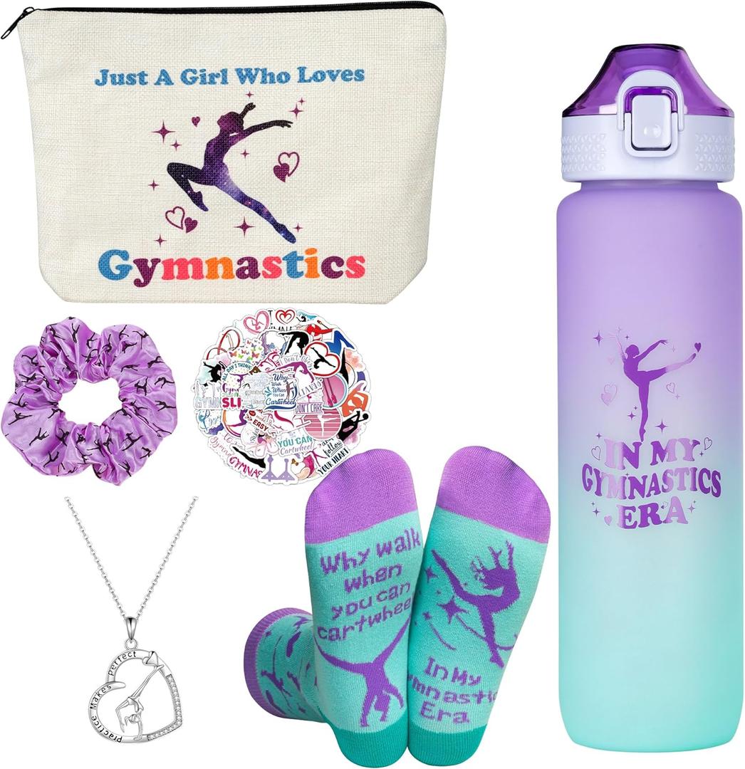 Gymnastics Gifts for Girls - Gymnastics Water Bottle, Cosmetic Bag, Necklace, Scrunchie, Socks, 50 Pcs Stickers - Gymnastics Party Favors for Girls, Birthday Gifts for Gymnastics Lovers