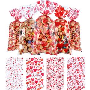 Blulu Valentines Treat Bags 100 Pcs Valentine Candy Cellphone Bag 4 Styles Plastic Heart Cookie Bags Gift with 200 Pieces Twist Ties for Party Supplies(100 Pcs,C Style)