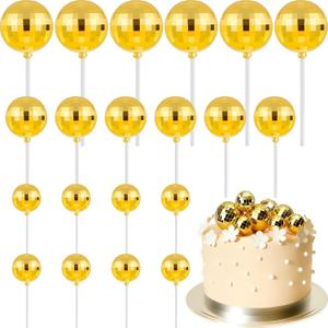ASTARON 20 Pcs Disco Ball Cake Topper Decorations Sticks Gold Cake Balls Picks Toppers for Birthday Anniversary Disco Retired Theme Party Decorations