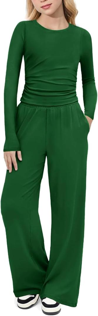 Arshiner Girls 2 Piece Set Fall Outfits Lounge Sets Ruched Long Sleeve Top Wide Leg Pants Sweatsuit Clothing Set, 130, Dark Green