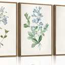 Framed 3 Piece Blue Floral Wall Art Boho Botanical Canvas Prints | Vintage Flower Pictures Wall Decor Minimalist Rustic Paintings Artwork for Living Room Bedroom Bathroom 16x24in