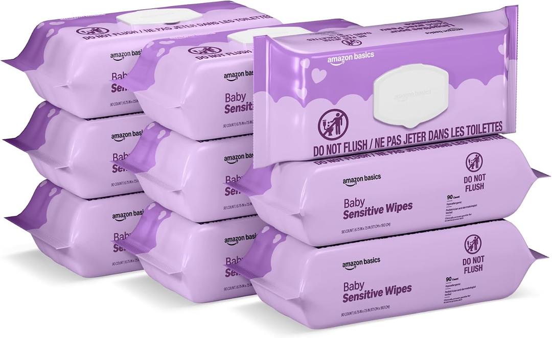 Amazon Basics Baby Wipes, Sensitive, 810 Count, Flip-Top Packs, Pack of 9 