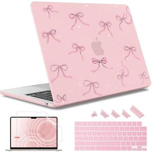 May Chen Case for MacBook Air 13/13.6 inch M5 A3449 M4 A3240 M3 A3113 M2 A2681, 2026 2025 2024-2022, Plastic Hard Shell with Keyboard Cover & Screec Protector, Chalk Pink Bow