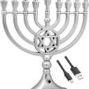 The Dreidel Company Traditional LED Electric Silver Matte Hanukkah Menorah Full Size 13 Inches Tall Battery or USB Powered - Includes a Micro USB Charging Cable