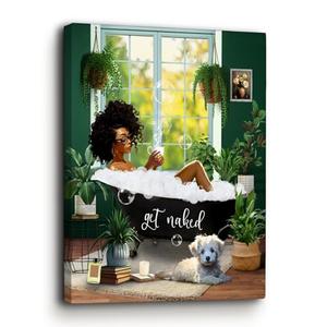 Bathroom Decor African American Wall Art Black Girl In Bathtub Canvas Wall Decor Picture Modern Green Botanical Black Woman Framed Artwork For Bathroom Bedroom 19.5x15.5