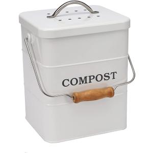 Compost Bin Kitchen Countertop Indoor Compost Pail Bucket, Great for Food Scraps, Carbon Steel, Handles, White, 1 Gallon - Includes Charcoal Filter