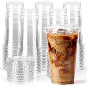 100 Pack 20 oz Clear Plastic Cups with Sip Lids, BPA Free Food Safe Disposable Iced Coffee Cups, Sturdy to Go Cups for Smoothies Cold Drinks Party