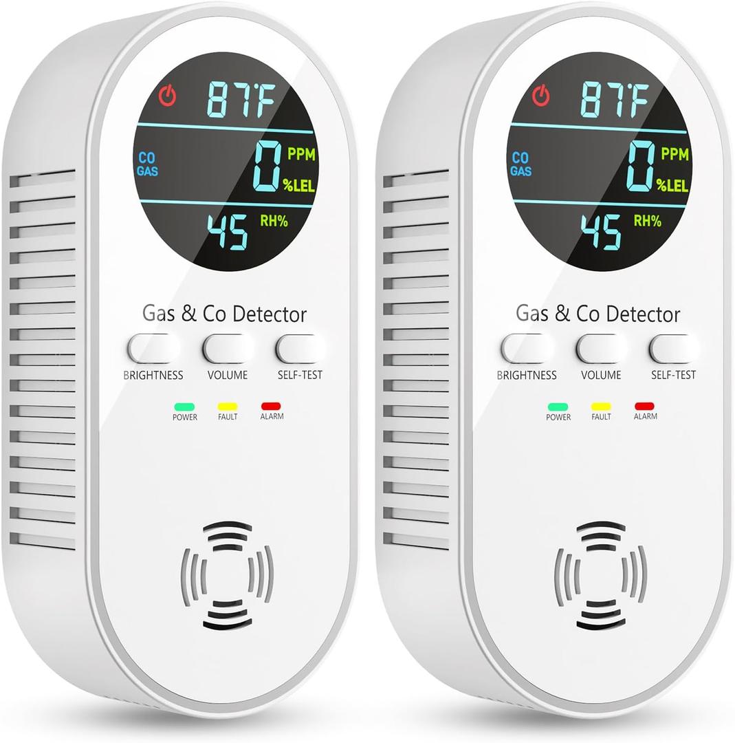 5-in-1 Carbon Monoxide Detectors, Natural Gas Leak Detector, Plug-in & Battery Backup Co Detector, HD Digital Display, CO Gas Temp Humidity Sensor Vilfet, 2-Pcs, White