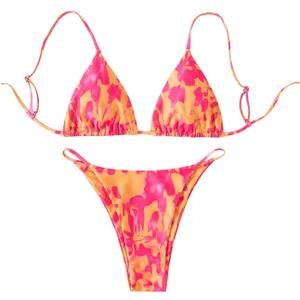 GORGLITTER Women's Triangle G String Bikini Set Color Block High Cut Swimsuit Tie Dye Summer Bathing Suit (Medium, Pink Multi)