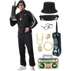 80s Outfit for Men 90s Track Suit Themed Party Outfits Costume for 80s 90s Windbreaker Sweatsuit Sportswear (Small, Black)