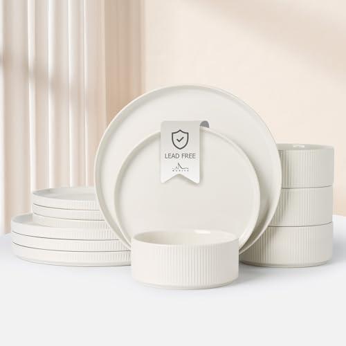 MONITO Ceramic Plates and Bowls Sets for 4, 12PCS Stoneware Dinnerware Sets, Reactive Glaze Dish Set, Chip and Scratch Resistant Double, Microwave and Dishwasher Safe,White