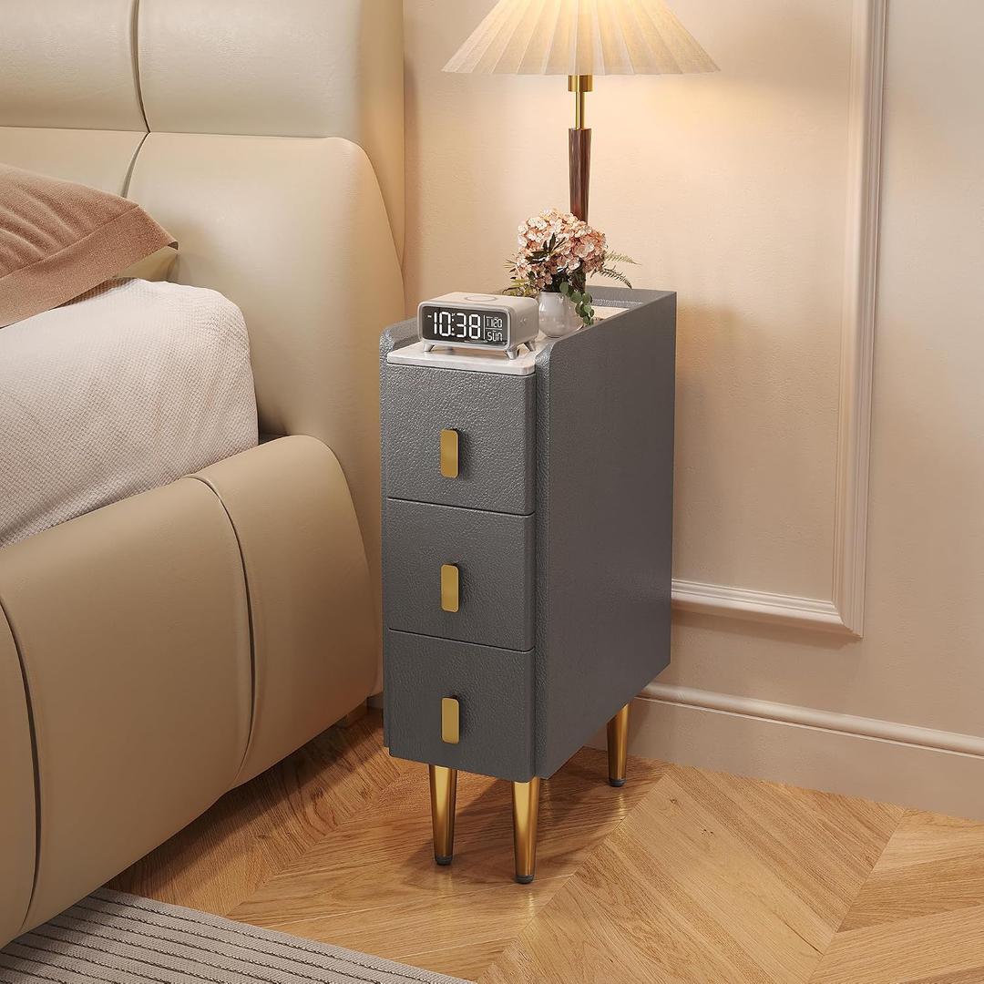 STARSAGA Narrow Nightstand with Drawers, 7.9" Narrow Bedside Table for Bedroom, Solid Wood Narrow Night Stand with Sintered Stone Top & Leather Surface, Slim Nightstand for Small Spaces, Gray, 15.7''7.9''24.5''