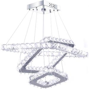 Crystal Chandeliers Modern LED 3 Ring Chandelier Adjustable Ceiling Light Fixtures Pendant Lighting Stainless Steel Hanging Lights for Living Room Dining Room Bathroom Bedroom, Cold White (Square), 15.7 inches, 11.8 inches, 7.9 inches