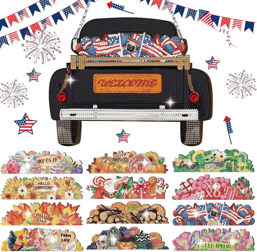 Menkxi 13 Pcs Easter Diamond Art Hanging Sign Seasonal Interchangeable Diamond Painting Welcome Sign for Spring Summer Home Front Door Wall Window Farmhouse Porch Decorations Gifts DIY Crafts(Black)