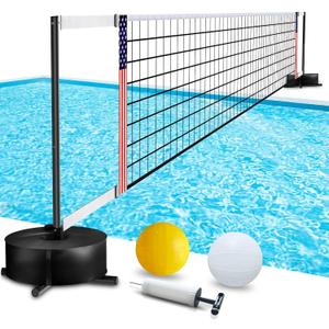 Portable Pool Volleyball Net System -4th of July Celebration Adjustable 16.5-26.5FT Length Net Includes 2 Water Volleyballs, Heavy-Duty Water-Filled Base Perfect for Pickleball, Tennis & Pool Games