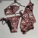 WDIRARA Women's 3 Piece Metallic Swimsuits Halter Triangle String Bikini Set with Beach Skirt