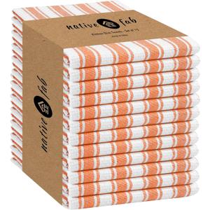 Native Fab Orange Kitchen Towels - 12 Pack - 16x26 inches - Basket Weave Stripe Towels with Hanging Loop, Absorbent Cotton Towel for Cleaning, Drying Dishes, Washable Dish Cloths Set- Orange
