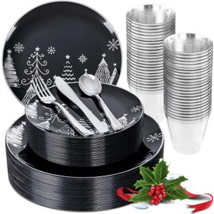KIRE 150PCS Christmas Plates Disposable & Dinnerware Set for 25 Guests - Black & Silver Plates, Plastic Silverware & Cups With Silver Rim for Christmas/New Year
