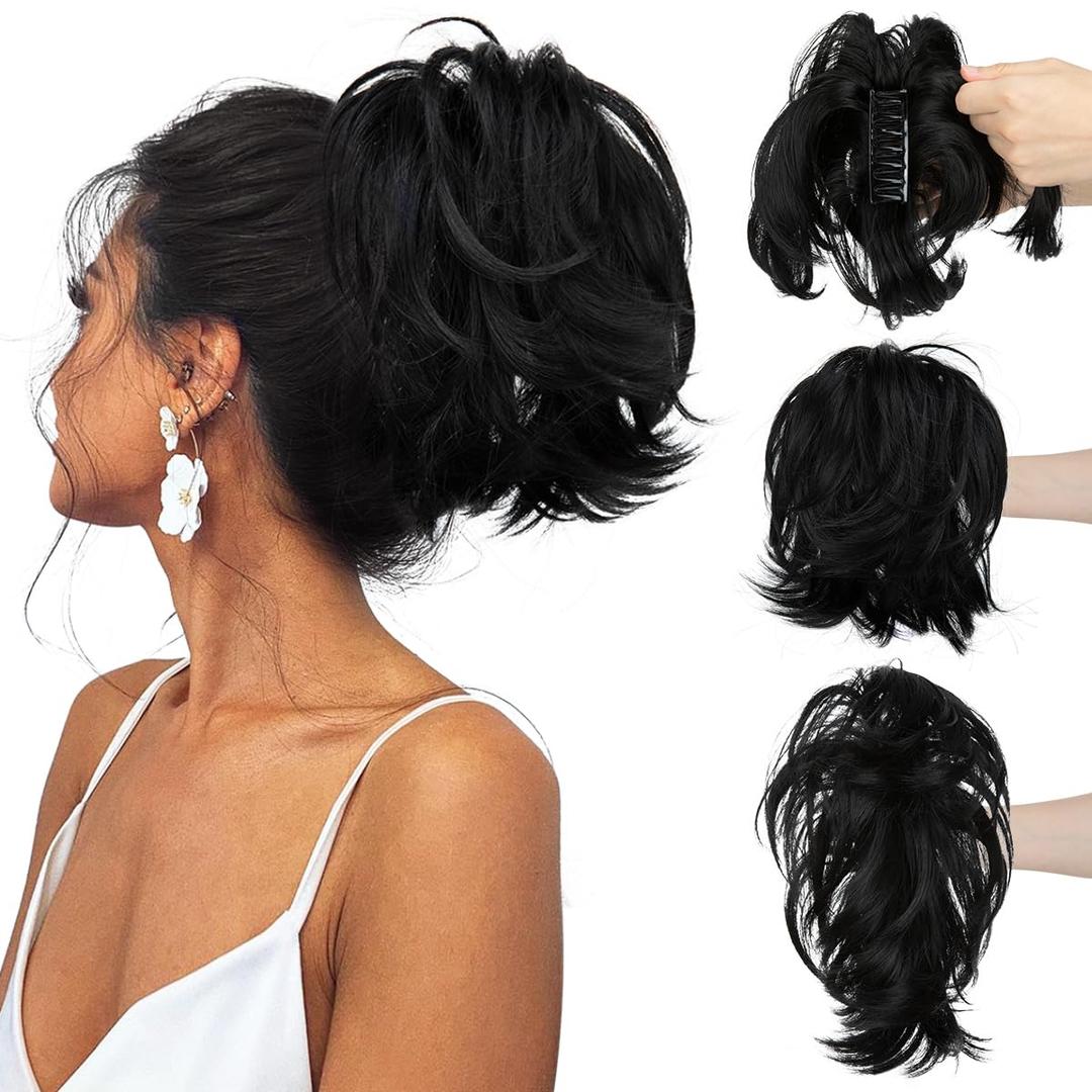 CJL HAIR Claw Clip Short Ponytail Hair Extensions Bendable Metals Messy Bun Hair piece Wavy Curly Fake Hairpieces (Jet Black, Straight, 8inch)