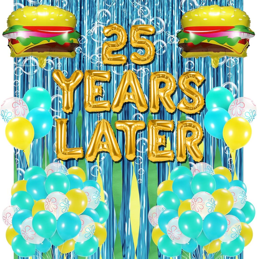Sponge 25th Birthday Decorations, 25 Years Later letter Balloons Set for Ocean Theme Party,Birthday Decor,Mermaid,Baby Shark,with Hamburger Balloons,Blue Backdrop Bubble Garland and Crepe Paper