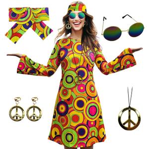 70s Hippie Dress Costumes Necklace Earrings Sunglass Women Disco Outfit, 60s Party Costume, Halloween Retro Dresses (XX-Large)