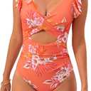 B2prity Women's One Piece Swimsuit Ruffle Cutout Bathing Suits Slimming Tummy Control V Neck Wrap Swimwear (X-Large, Orange Print)