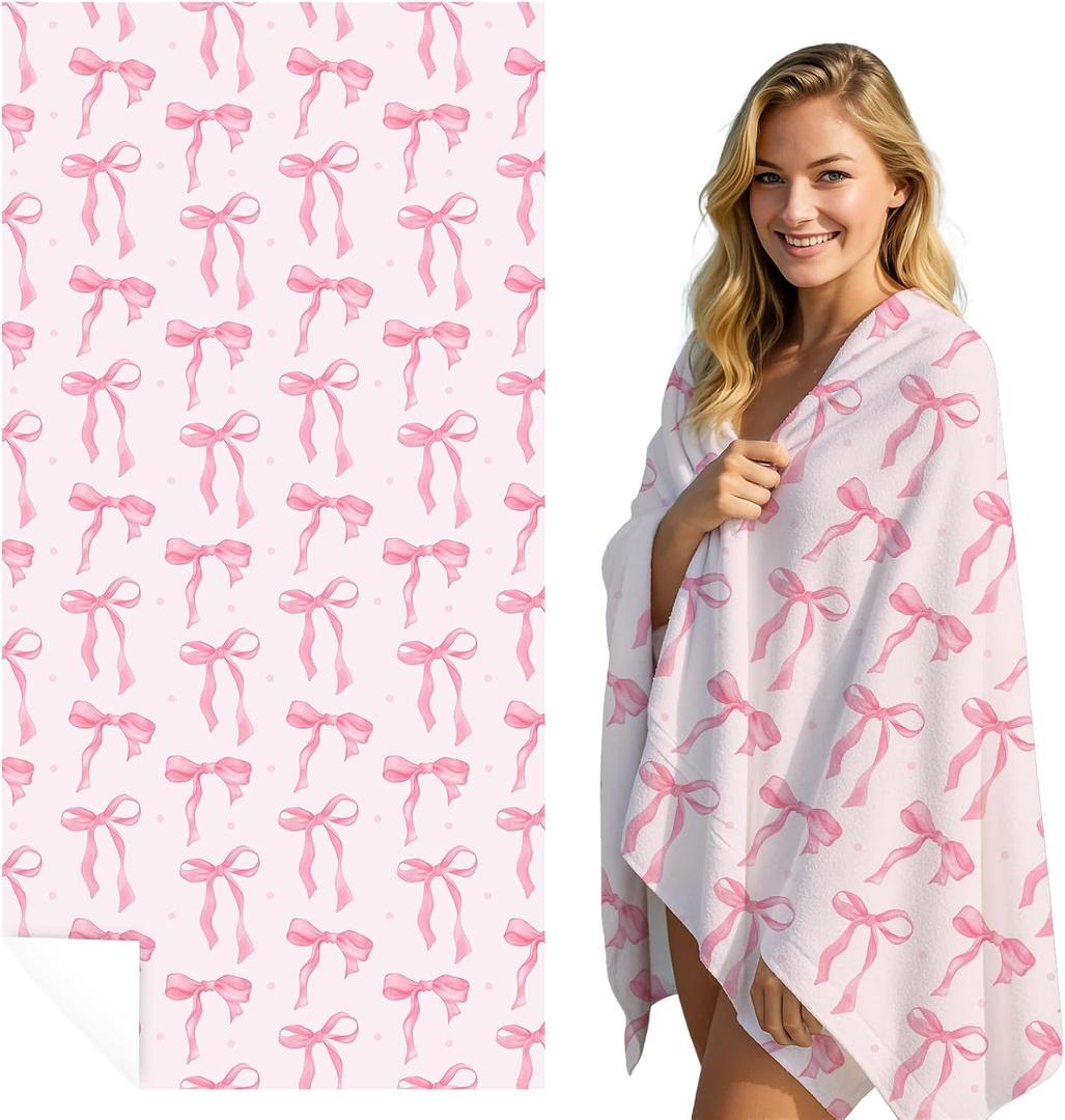 Pink Bow Beach Towel Coquette Beach Towel Gift 60 x 30 Inch Coquette Birthday Pink Bow Party Decorations for Birthday Baby Shower Bridal Shower Bachelorette Party Decor