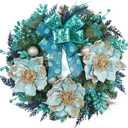 Briful 26 Teal & Green Front Door Wreath, Luxury Coastal Floral Wreath with Gold Accents, Modern Year Round Porch & Entryway Decor