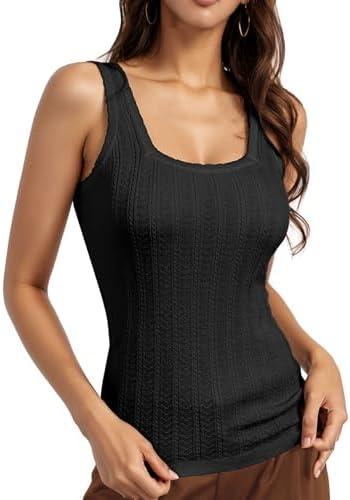 BeryLove Women's Sleeveless Ribbed Tank Tops Striped Knit Square Neck Shirts Summer Casual Basic Tanks, M