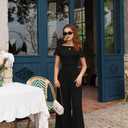 XXTAXN Women's Caual Fashion Crew Neck Short Sleeve Ruched Waist Backless Tie Wide Leg Long Pant One Piece Jumpsuit (Black, S)