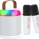 Mini Karaoke Machine for Kids Portable Bluetooth 5.3 Speaker Led Lights with 2 Wireless Microphones Karaoke Toy Gifts for Girls Boys Audlt Birthday Christmas Solid Metal Body - Pure White
