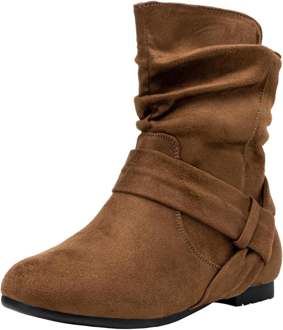 Vepose Women’s Slouch Ankle Flat Boots, Brown Suede Short Low Heel Zipper 939A Booties, Size 9M US, (CJY939A Brown 09)