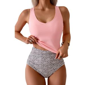 Eomenie Two Piece Tankini Swimsuits for Women Tummy Control Bathing Suits Cutout Back Swim Tank Top with High Waisted Bottom (X-Large, Light Pink Print)