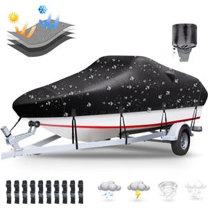 Boat Covers 16-18.5ft, Waterproof Trailerable Boat Cover, Heavy Duty 1200D Oxford UV Resistant Bass Boat Covers with Motor Cover, Fits V-Hull Tri-Hull Fish&Ski Boat, Runabout (Black)