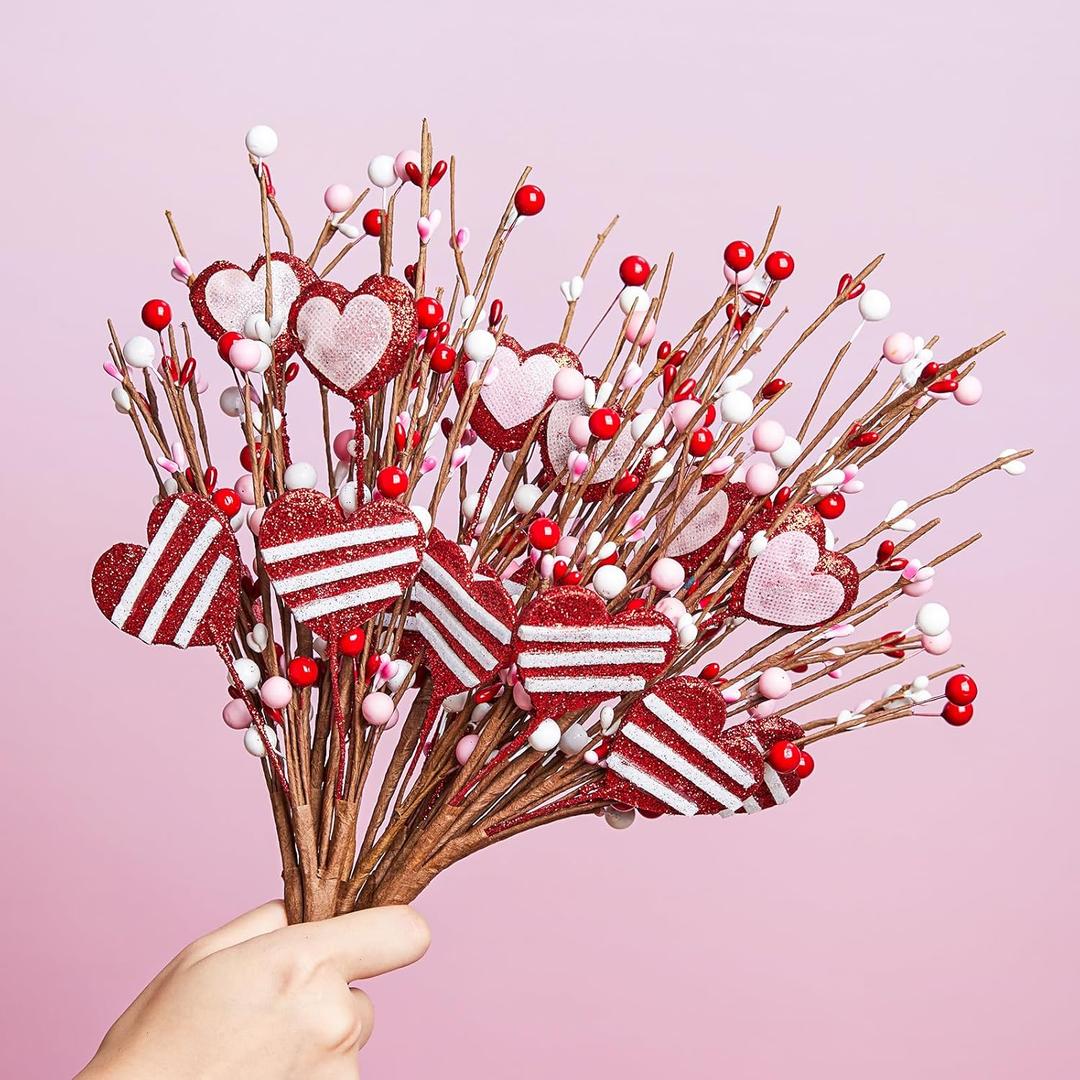 DN DECONATION 6Pcs Valentine's Picks, Valentine Floral Picks Heart Stems with with Red Pink White Berries, Valentines Day Artificial Flowers Arrangement for Valentines Wedding Centerpiece Home Decor