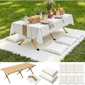 Novabright Picnic Kit Folding Picnic Table Extra Large Outdoor Boho Blanket Beige Table Runner Floor Pillow Covers Woven Cotton Oversize Washable for Camp Wedding(Cream White,Floor Cushions,10 Pcs)