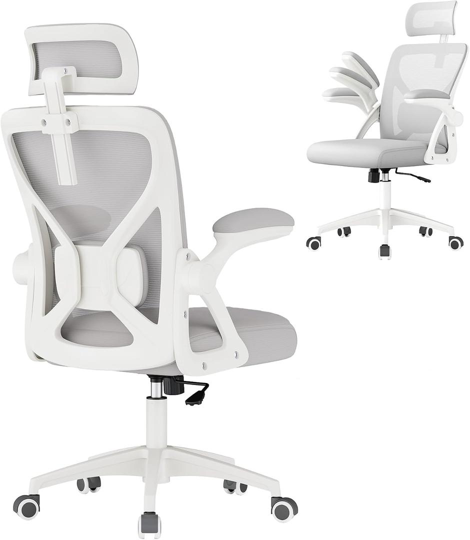 VASAGLE Ergonomic Mesh Office Chair with Adjustable Lumbar Support and Headrest, 90-105 Tilt Function, Wide Seat, FlipUp Armrests, Computer Desk Chair for Home Office, Dove Gray UOBN044GD01S, 24.4"D x 24.4"W x