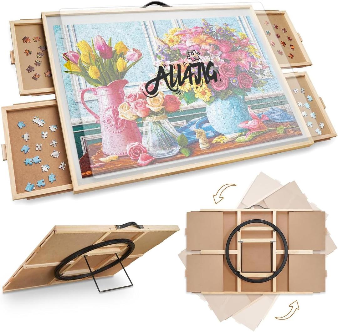 ALL4JIG 1500 Pieces 2-in-1 Tilting & Rotating Puzzle Board, 34.2" x 25.2"Adjustable Angle Puzzle Board with 4 Drawers & Clear Protective Cover, Birthday Gift for mom (Iron)