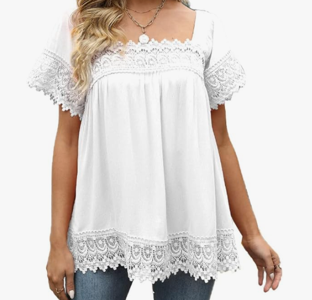 Women's Casual T-Shirt Short Sleeve Rectangular Neck Blouse with Lace Insert Long Shirt Elegant Plain Tunic Tops Shirt Summer White T-shirt, Medium 