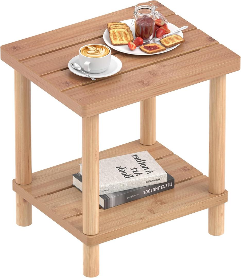 LEJANEOYE Outdoor Side Table, 2-Tier Small Outdoor Table for Patio, Adirondack Side Tables for Outside or Indoor, Bamboo End Table for Pool, Porch, Weather Resistant Easy Maintenance