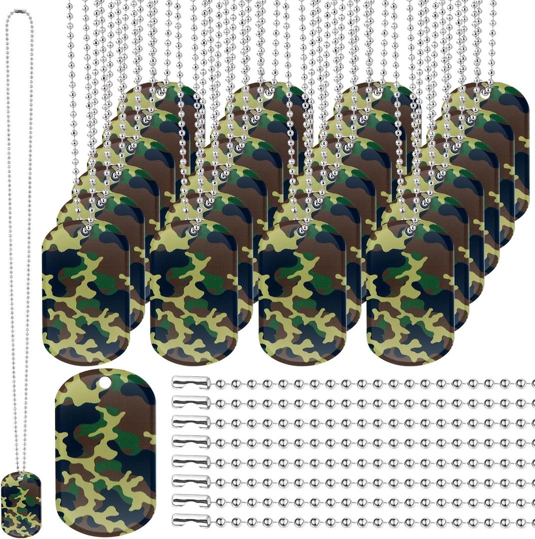 60 Pack Camouflage Military Dog Tag Necklaces Acrylic Army Party Decorations Supplies Bulk Include 30 Camo Tags with 30 Steel Beaded Chain for Soldier Men Dogs