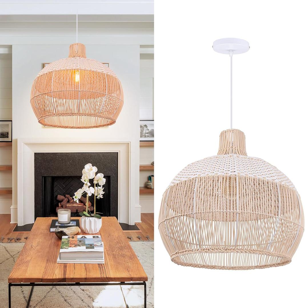 Arturesthome White Handwoven Rattan Boho Pendant Lighting Fixtures, Wicker Hanging Ceiling Light Chandelier, Handmade Woven Basket Lampshade for Kitchen Island, W 15.7" * H 13.7"