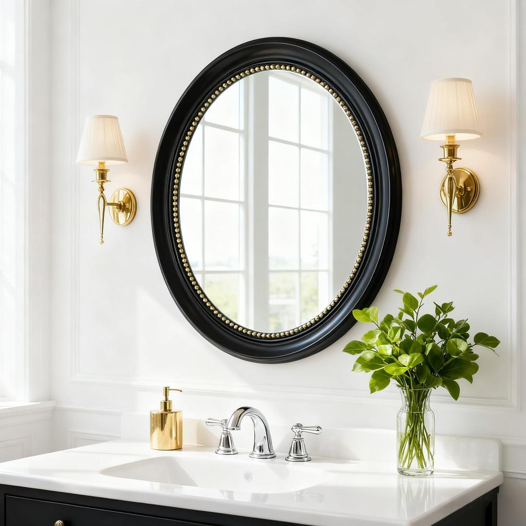 Bathroom Mirror 22x27 Inch - Black Frame Oval Vanity Mirror with Hand-Strung Gold Beads, Modern Wall Decor for Living Room & Bedroom