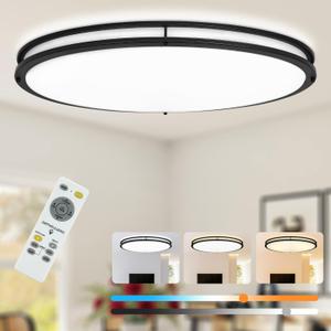 DLLT 65W Dimmable LED Flush Mount Ceiling Light with Remote, 32" Oval Brush Nickel Finish Close to Ceiling Light Fixture for Bedroom/Living Room/Kitchen Lighting, 3CCT Adjustable, Black