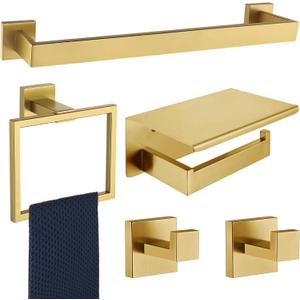 5 Pieces Bathroom Hardware Accessories Set Brushed Gold, 24Inch Bathroom Towel Rack Set SUS304 Stainless Steel, Square Toilet Paper Holder with Shelf Heavy Duty, Wall Mounted