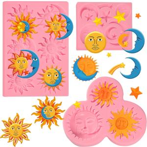 Sun and Moon Face Cake Decoration Fondant Mold 3 Pcs, Greek Mythology Various Chocolate Silicone Molds, for Candy, Biscuits, Mousse, Kitchen Baking, Cupcake Toppers, Modeling Clay, Plaster (Sun and Moon Silicone Mold)