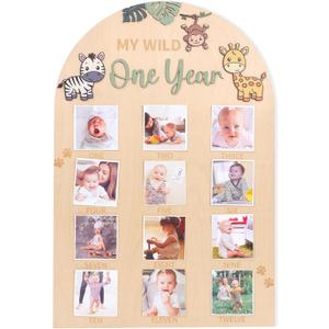 Wild Photo Board Jungle Animals Birthday Party Decorations Wooden Board 12 Monthly Milestone Picture Frame One Year Old 1st Birthday Banner for Baby Boy Girl Keepsake Gift Supplies (Fit 2.95x2.95 in Pic), 12x16 inches
