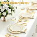 175 Piece Plastic Dinnerware Set Disposable Dinnerware Set for 25 Guests Include 50 Plastic Plates 25 Silverware Set 25 Cups and 25 Napkins for Mother's Day Party Wedding BirthdayWhite and Gold