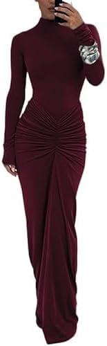 Womens Sexy Maxi Dress Long Sleeve Ruched Bodycon Turtleneck Club Party Casual Wedding Dresses (Small, Red)