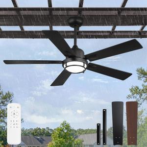 52" Outdoor Ceiling Fans with Lights, Gazebo Hanging Fan with 3CCT Remote Control 6-Speeds DC Motor,IP65 Waterproof Ceiling Fan for Patio Porch Pergola(Black)